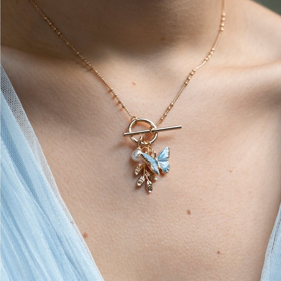 Fable England Jewelry - Enamel Blue Butterfly & Leaf Charm Necklace by Fable England
